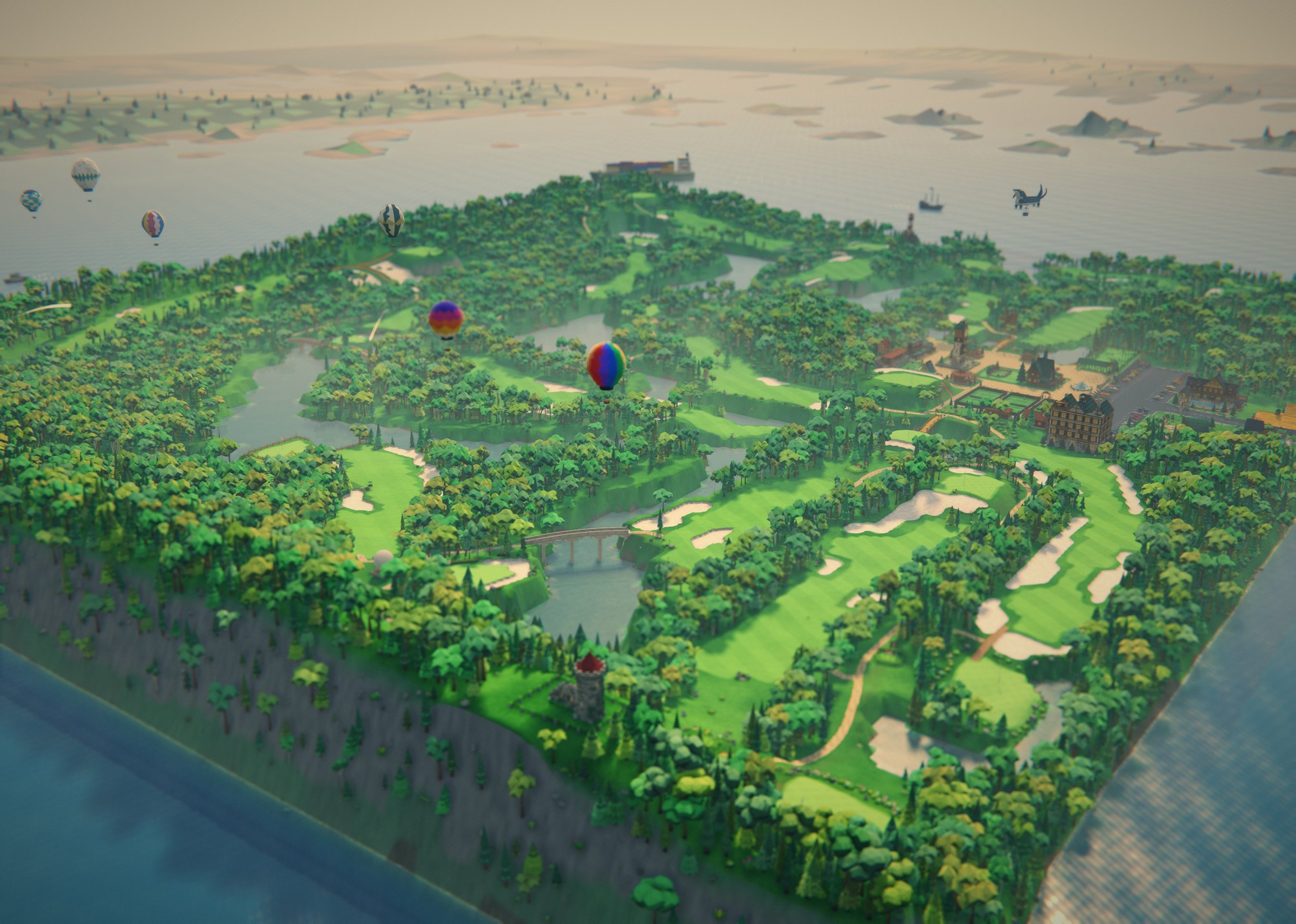 The whole Three Tails County Club from the air: eighteen holes on a cliff-top peninsula, with hot air balloons drifting over the sea