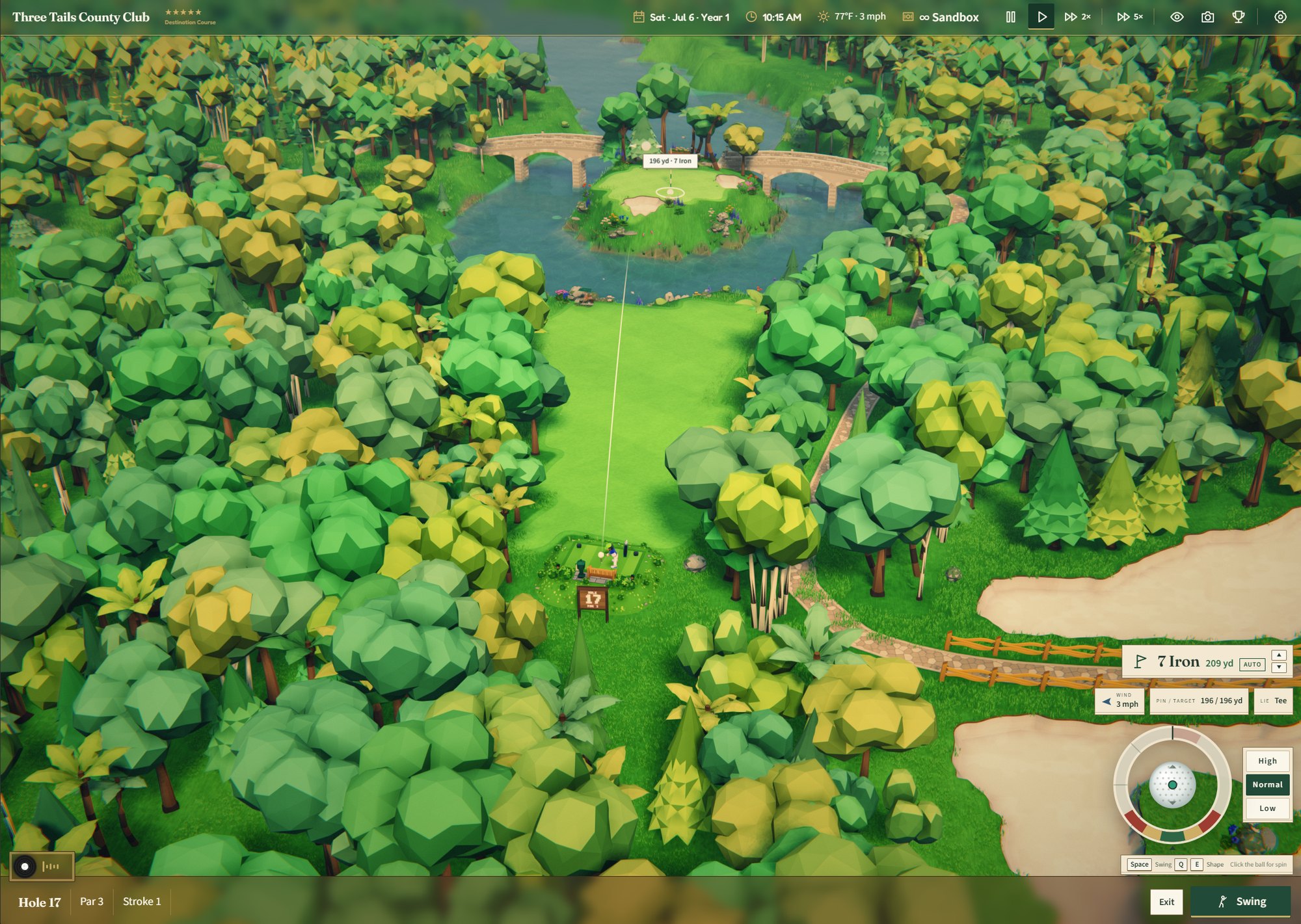 Hole 17, a par 3 to an island green: the shot arc, a 7 iron and the swing meter