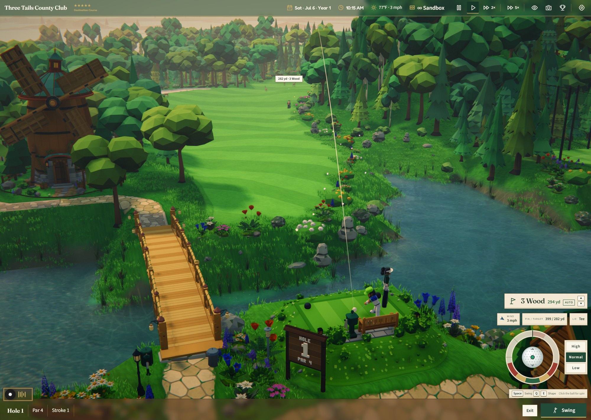 The first tee: a 3 wood over the river, with the shot arc and swing meter